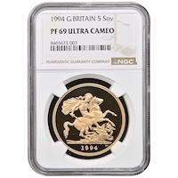1994 Gold Proof Quintuple Sovereign Five Pound Elizabeth II Coin NGC Graded PF 69 Ultra Cameo Thumbnail