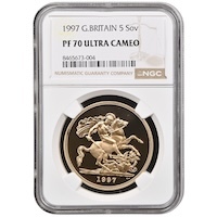 1997 Gold Proof Quintuple Sovereign Five Pound Elizabeth II Coin NGC Graded PF 70 Ultra Cameo Thumbnail