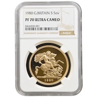1980 Quintuple Sovereign Gold Proof Coin NGC PF 70 Ultra Cameo Thumbnail
