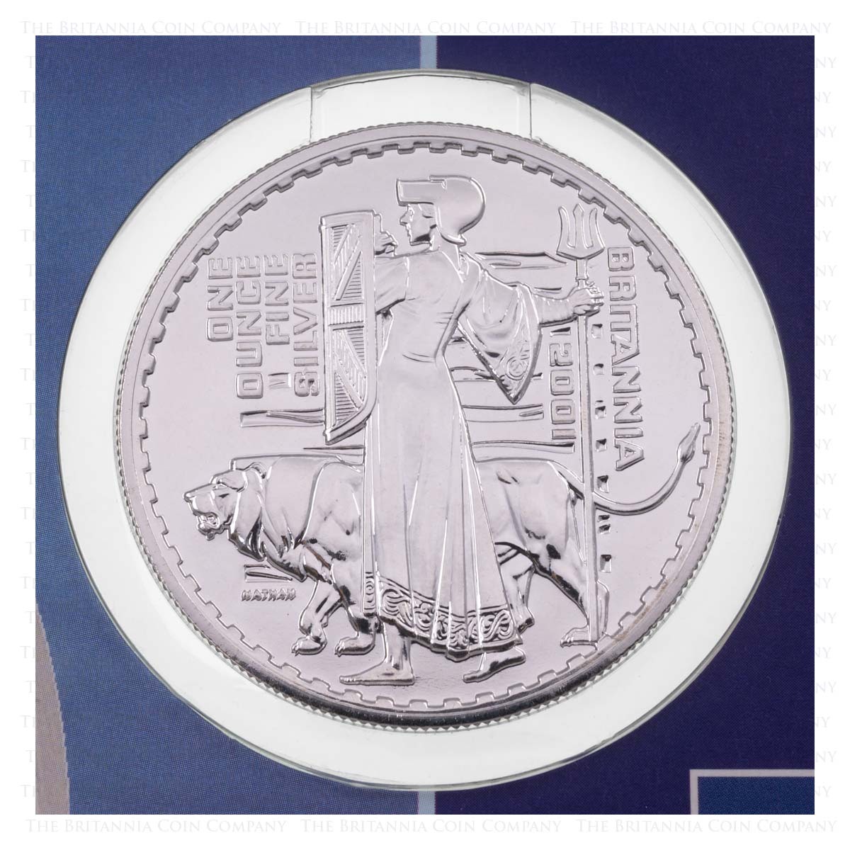 2001 Britannia One Ounce Silver Bullion Carded Coin Reverse