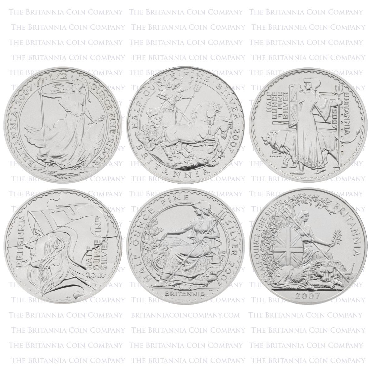 BR0720SS 2007 Britannia Half Ounce Silver Proof Coin Set Reverses