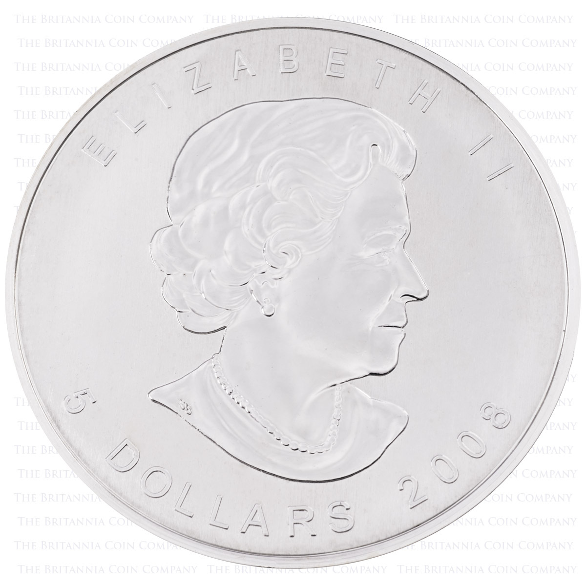 Elizabeth II on the obverse of the CA08MS1 2008 Maple Leaf One Ounce Silver Canadian Bullion Coin