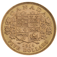1914 Canada Five Dollar Gold Coin Thumbnail