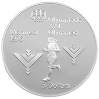 Thumbnail of the CA75MA5 1975 Marathon Five Dollars Silver Proof Canadian Coin showing a Marathon runner