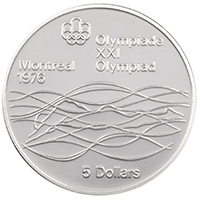 CA75SW5 1975 Swimming Five Dollars Silver Proof Canadian Coin thumbnail image of the coin