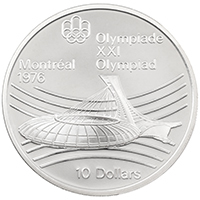 CA76OS10 1976 Olympic Stadium Ten Dollars Silver Proof Canadian Coin thumbnail design of the coin