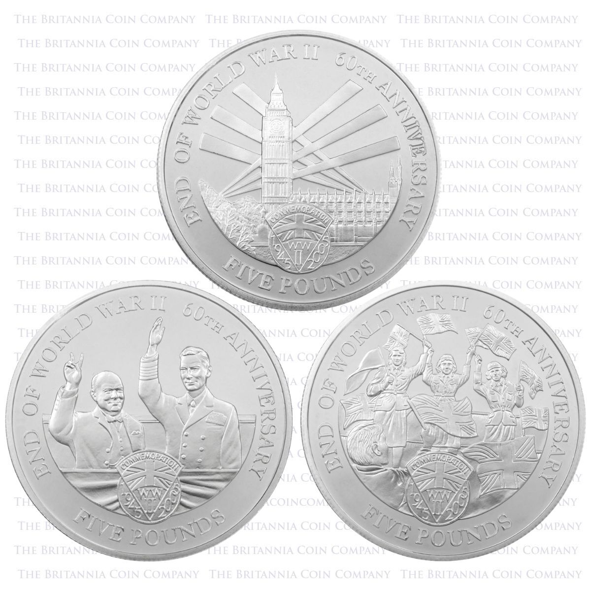 2005 End Of World War Two Five Pound Silver Proof Channel Islands Coin Set Reverses