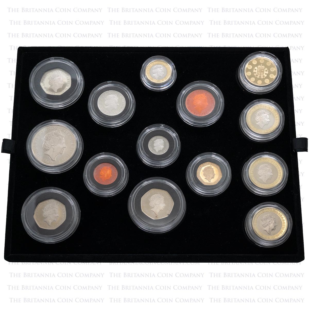 Obverse of the D22PM 2022 Premium Proof 13-Coin UK Annual Set display