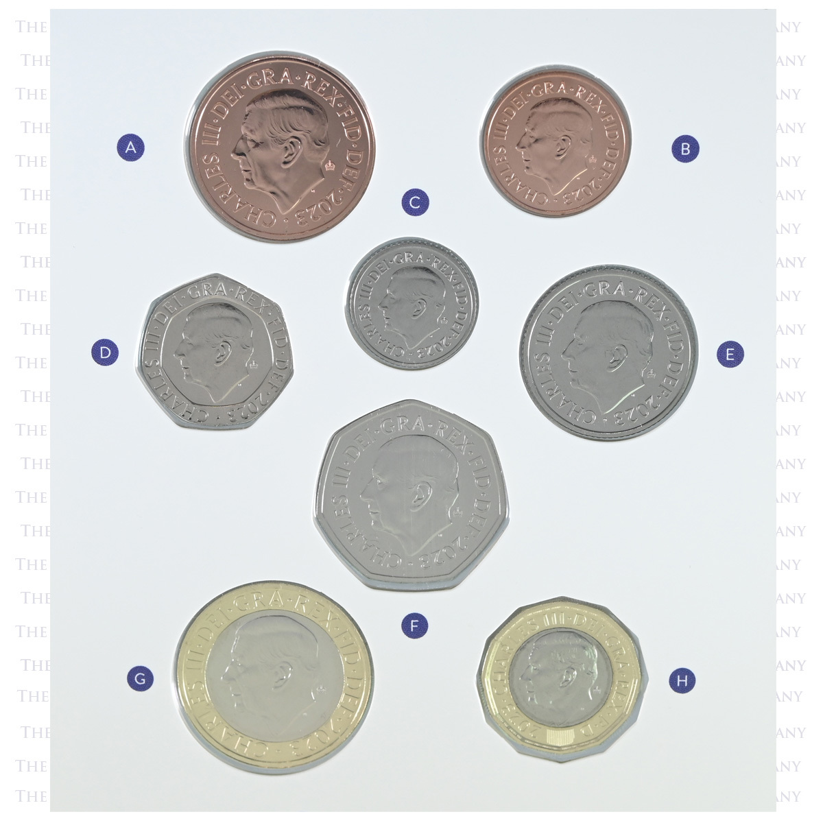 D23CDBU 2023 UK Brilliant Uncirculated Definitive Eight Coin Annual Set Obverses