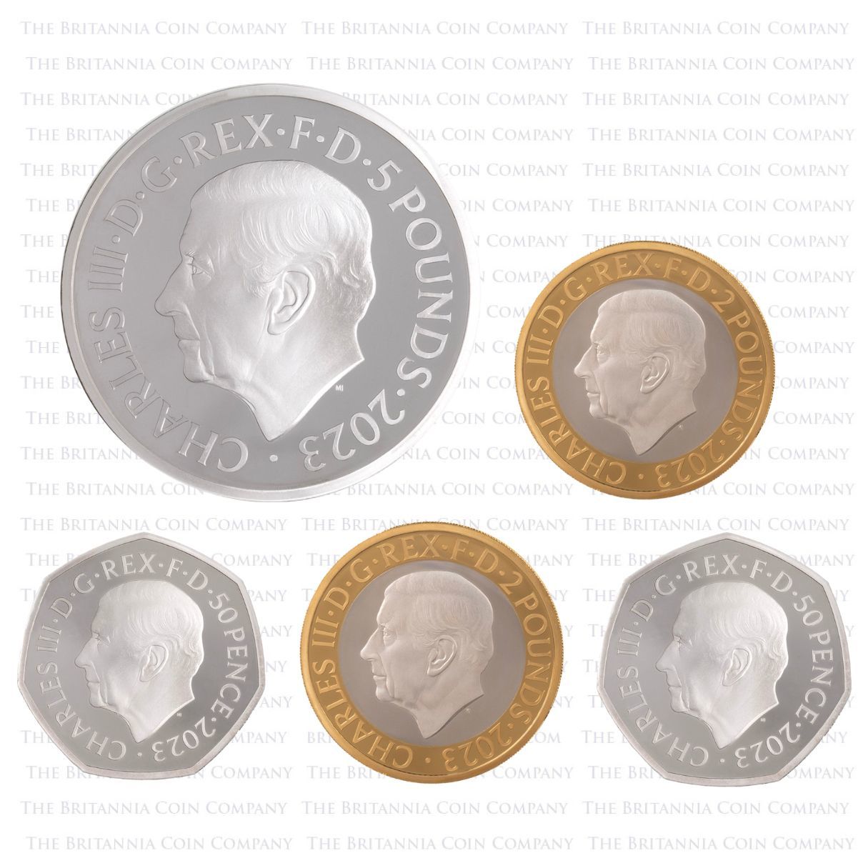 D23PFCS 2023 UK Piedfort Silver Proof Commemorative Five Coin Annual Set Obverses