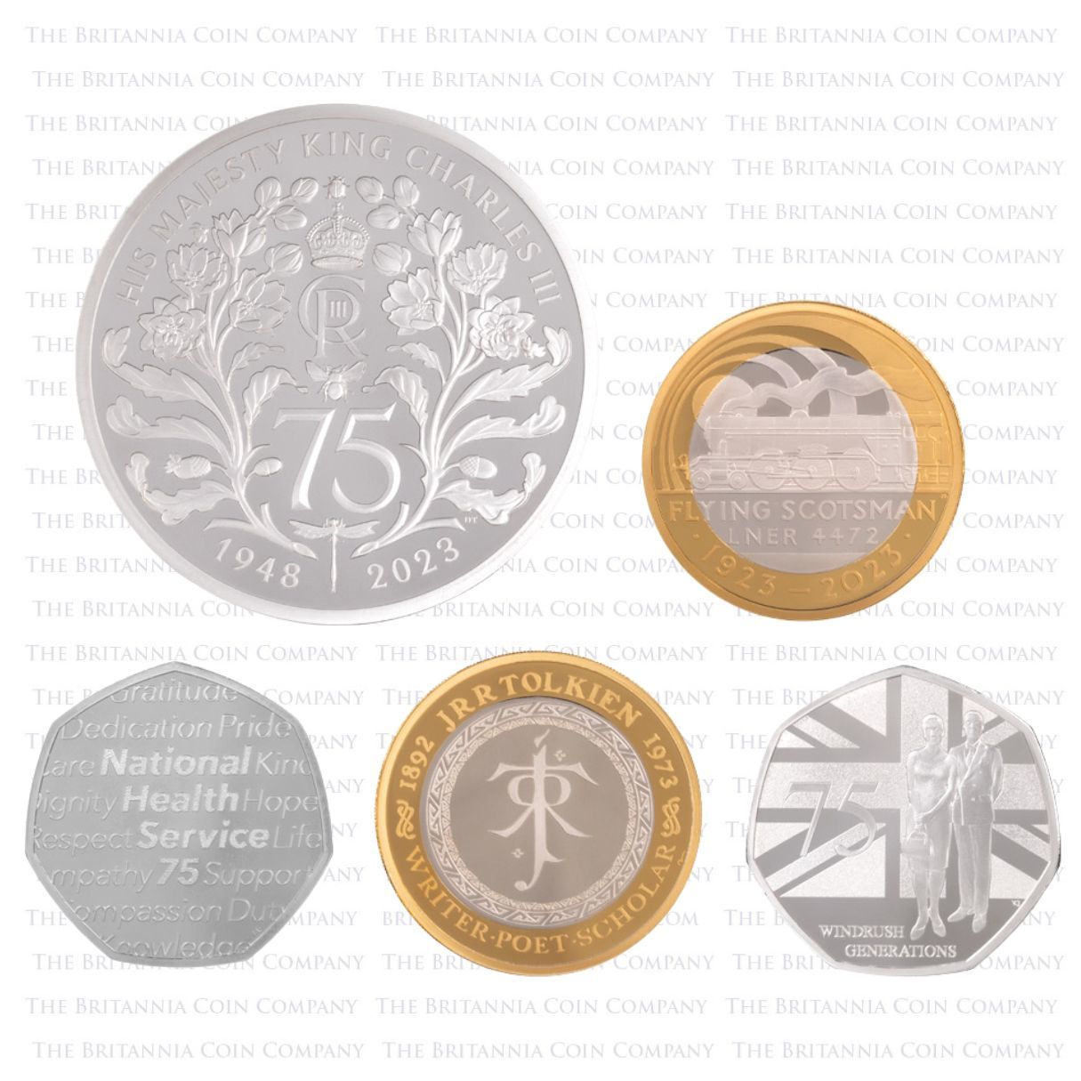 D23PFCS 2023 UK Piedfort Silver Proof Commemorative Five Coin Annual Set Reverses