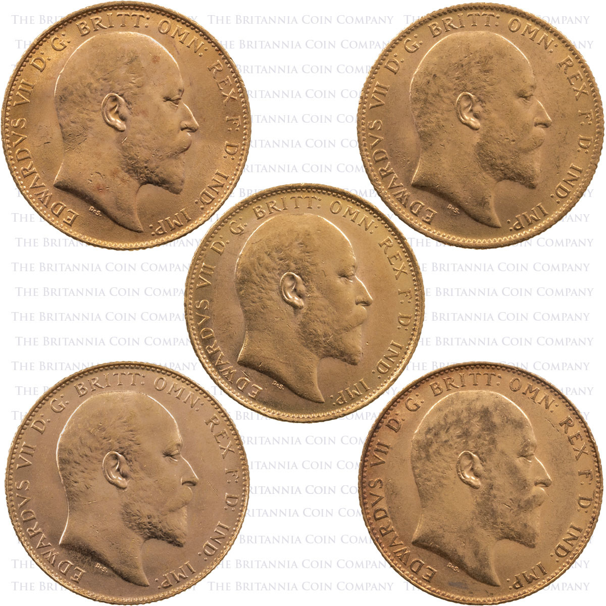 King Edward VII Gold Full Sovereign Five Coin Mintmark Collection Obverses