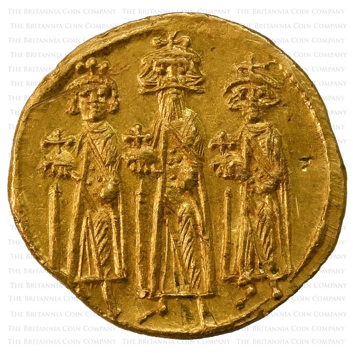 639-641 AD Heraclius, Heraclius Constantine and Heraclonas Gold Solidus Byzantine Obverse