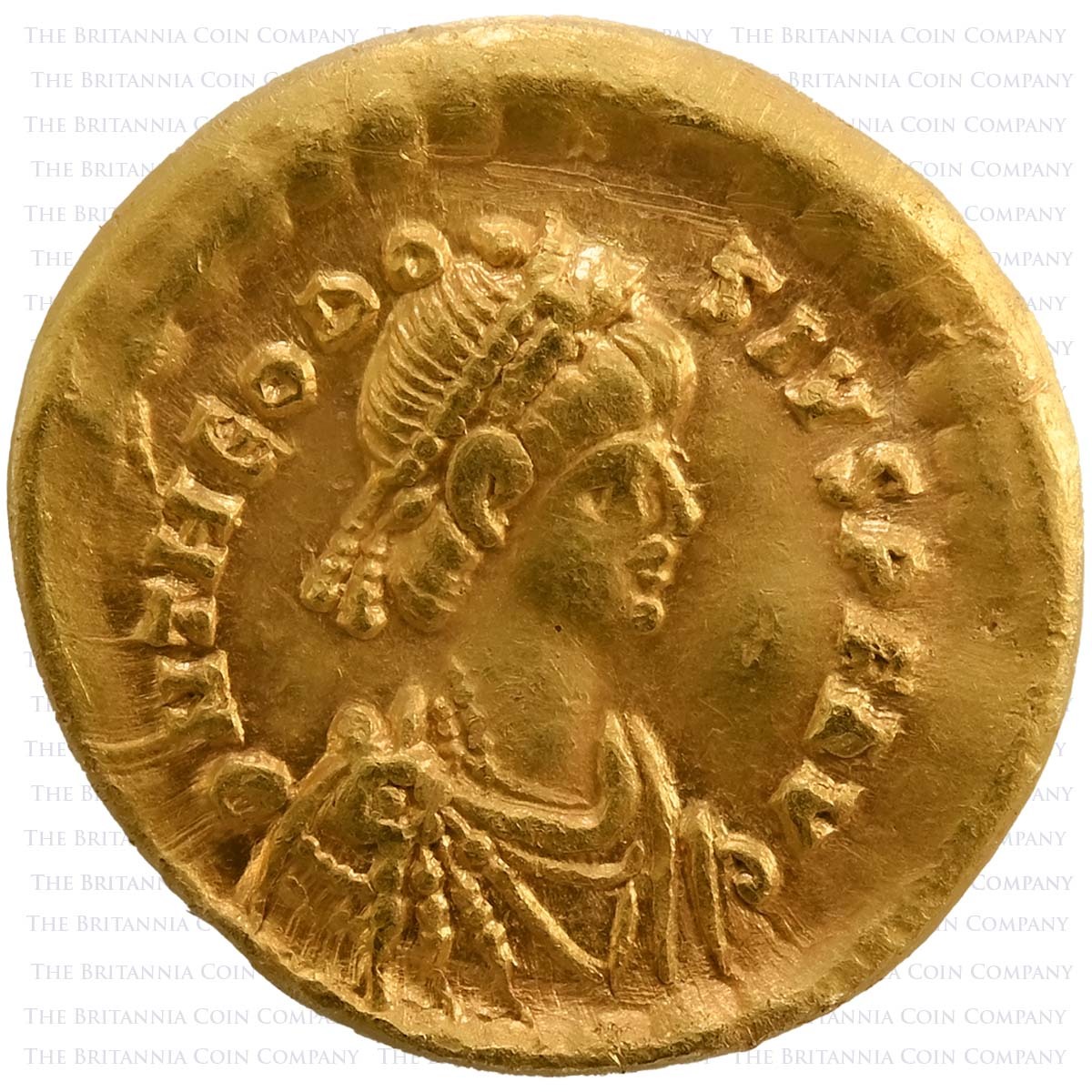 402-450 AD Theodosius II Gold Tremissis Victory Obverse