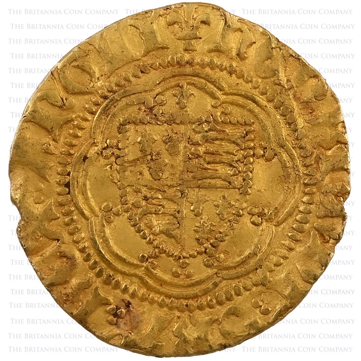 1422-1430 Henry VI Hammered Gold Quarter Noble London Trefoil Below Shield Obverse