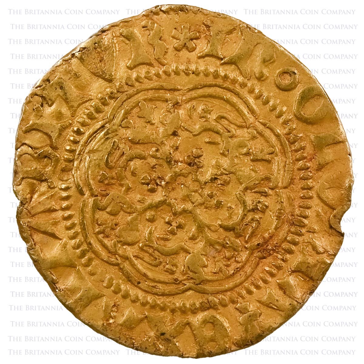 1422-1430 Henry VI Hammered Gold Quarter Noble London Trefoil Below Shield Reverse