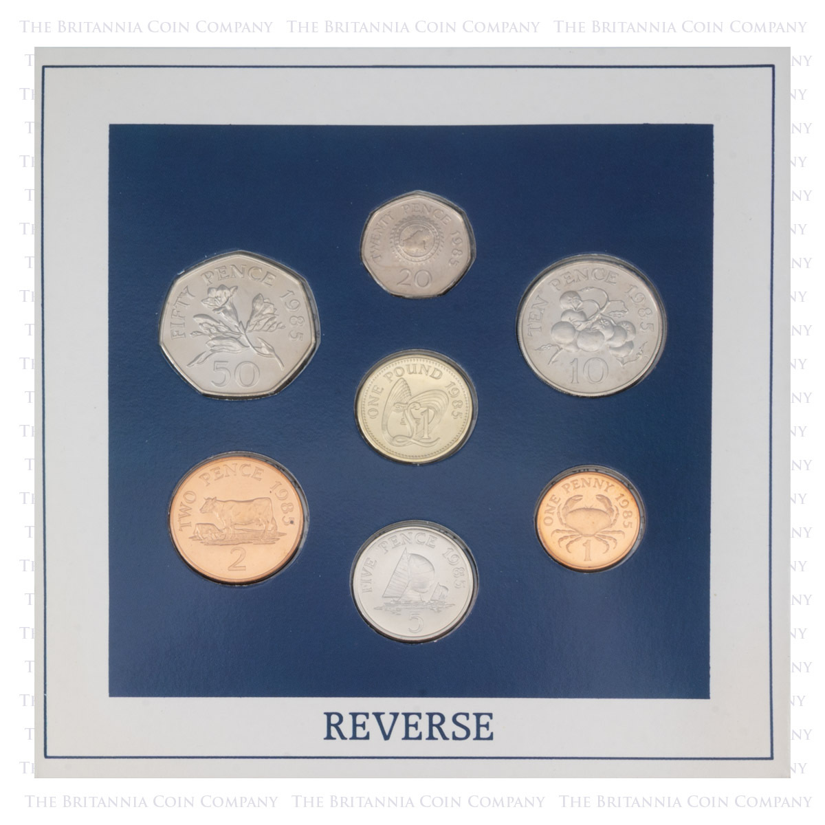 Reverse display of the GU85BU 1985 Guernsey Brilliant Uncirculated Annual Coin Set