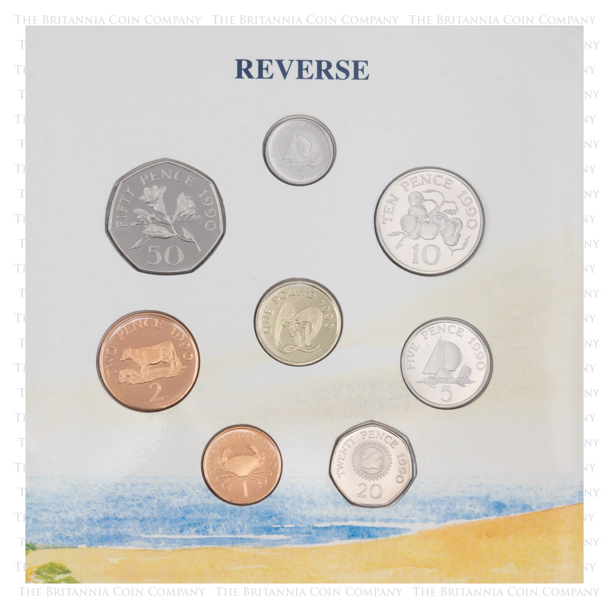 Reverse designs of GU90BU 1990 Guernsey Brilliant Uncirculated Annual Coin Set