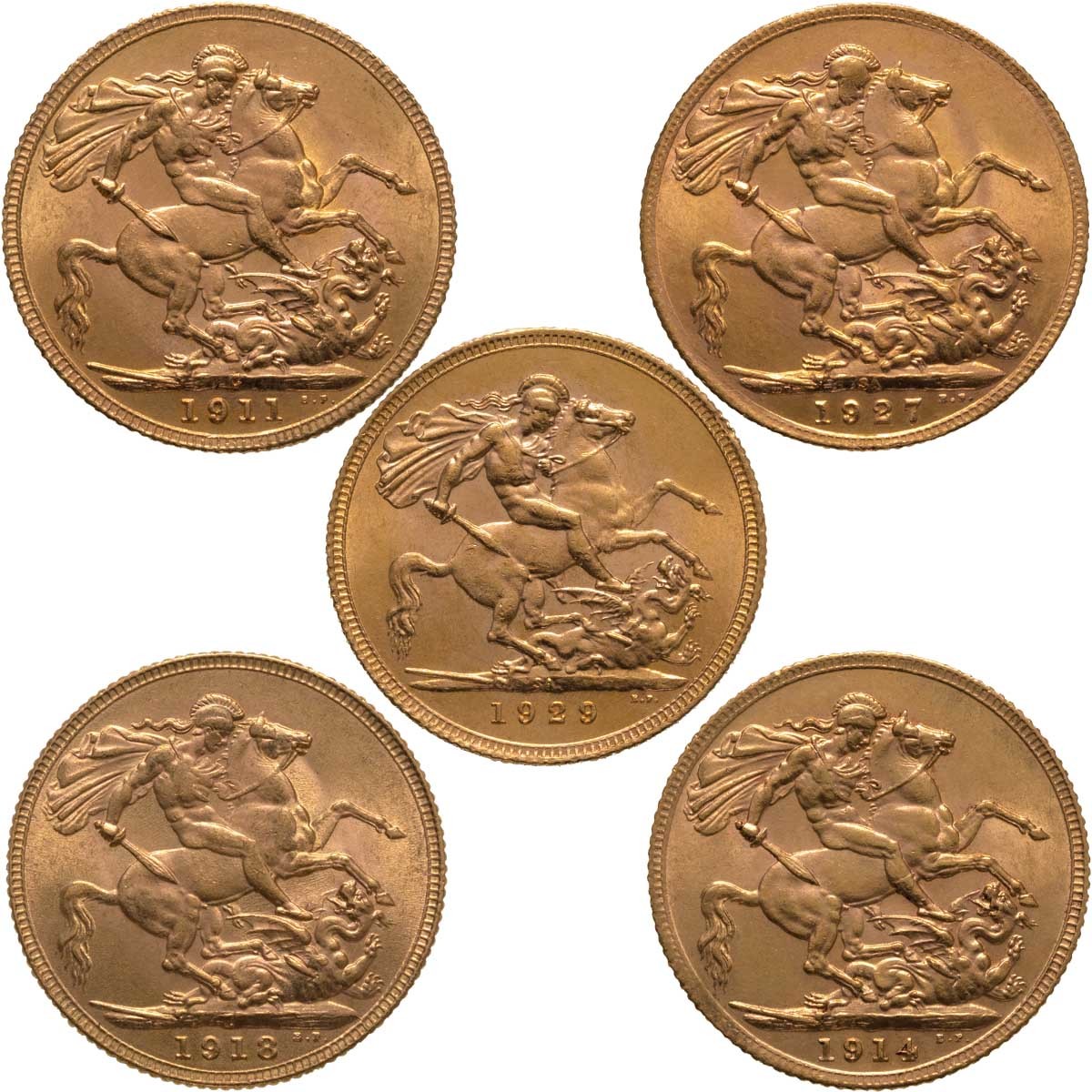 King George V Gold Full Sovereign Five Coin Mintmark Collection Reverses