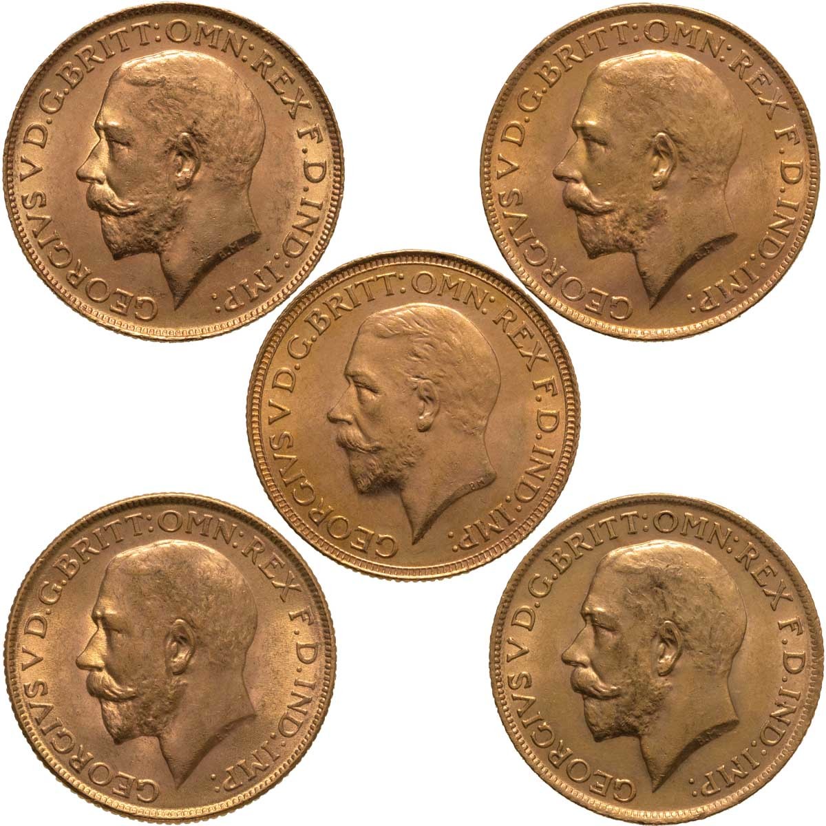 King George V Gold Full Sovereign Five Coin Mintmark Collection Obverse