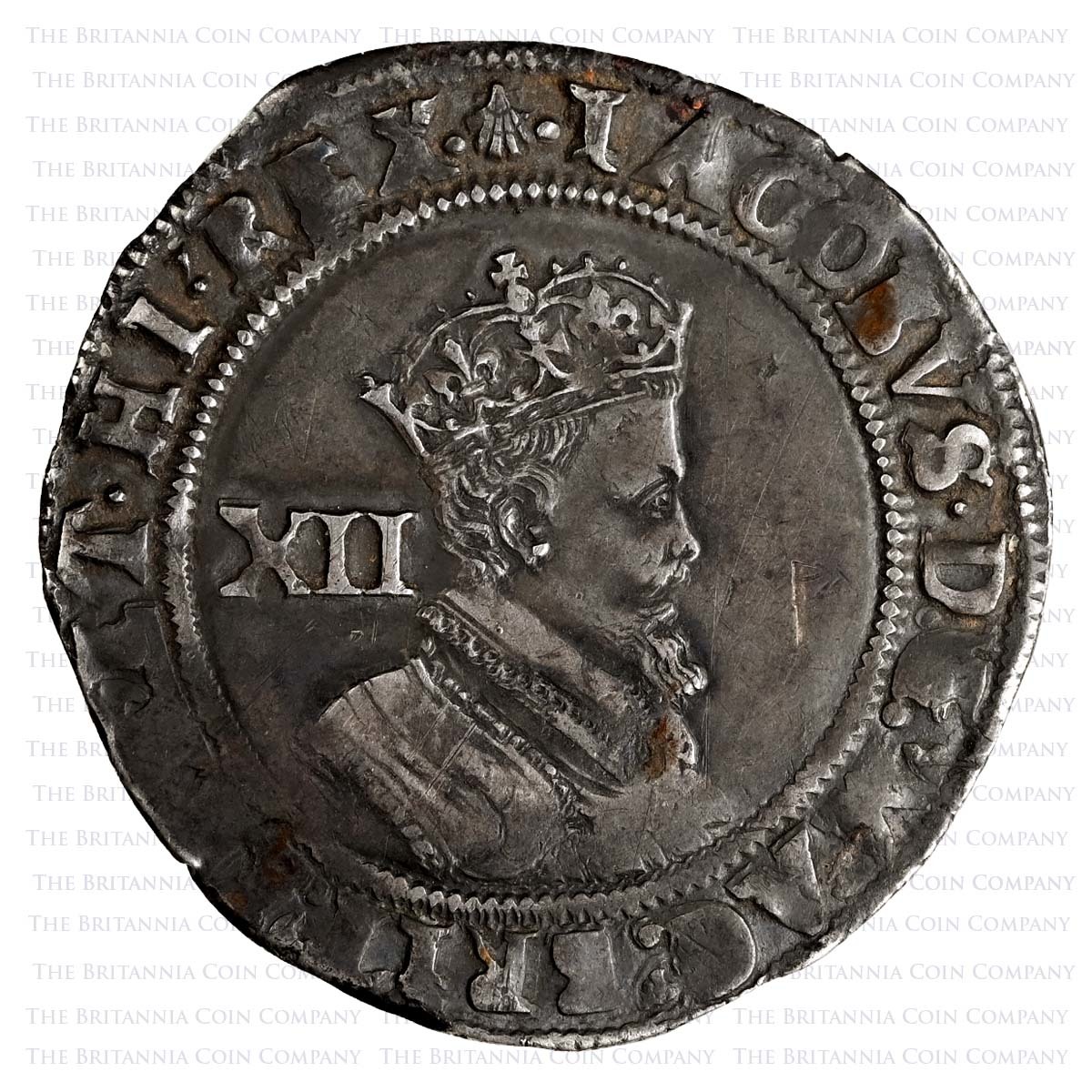 1606-1607 James I Hammered Silver Shilling Tower Mint MM Escallop Obverse