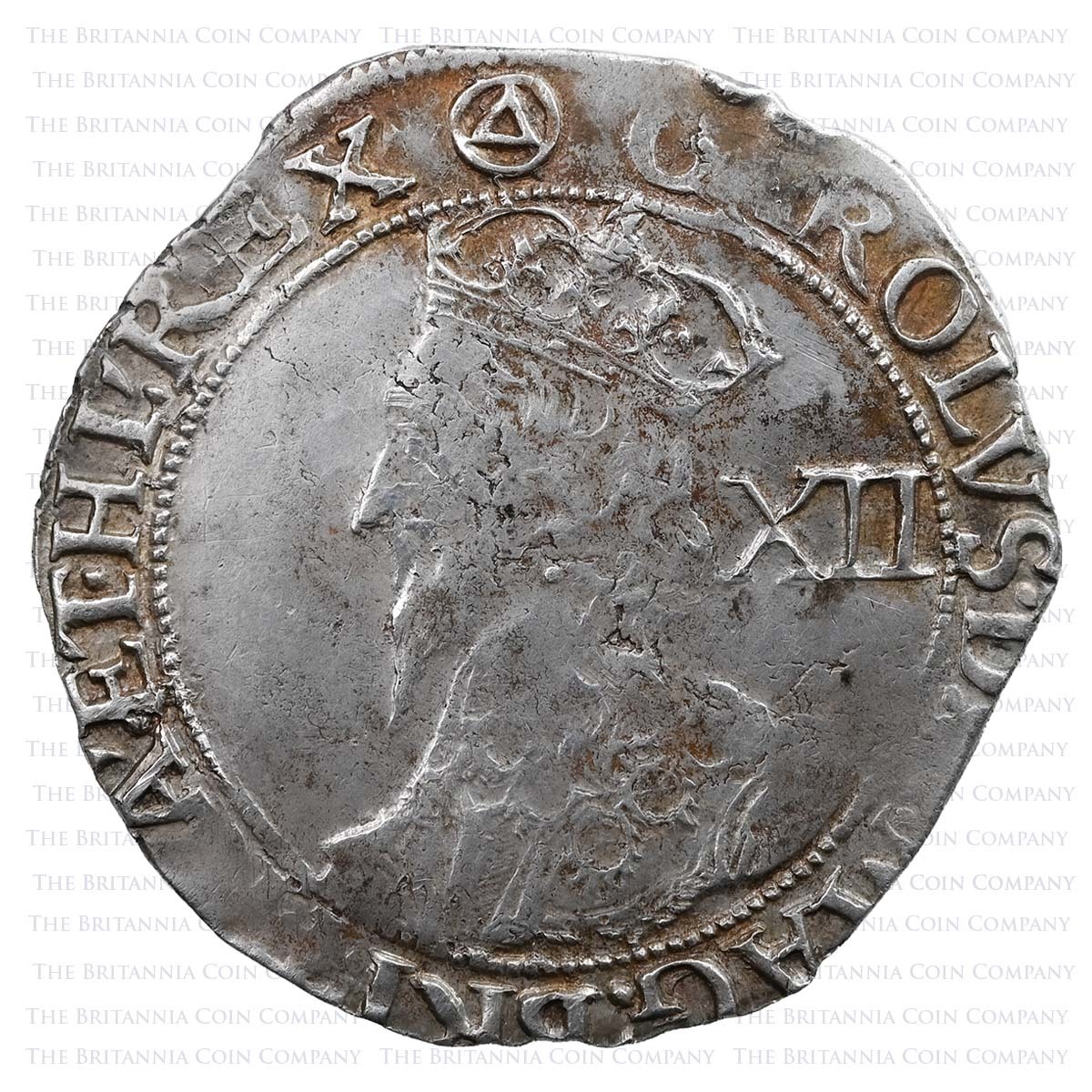 1641-1642 Charles I Hammered Silver Shilling MM Triangle in Circle Obverse