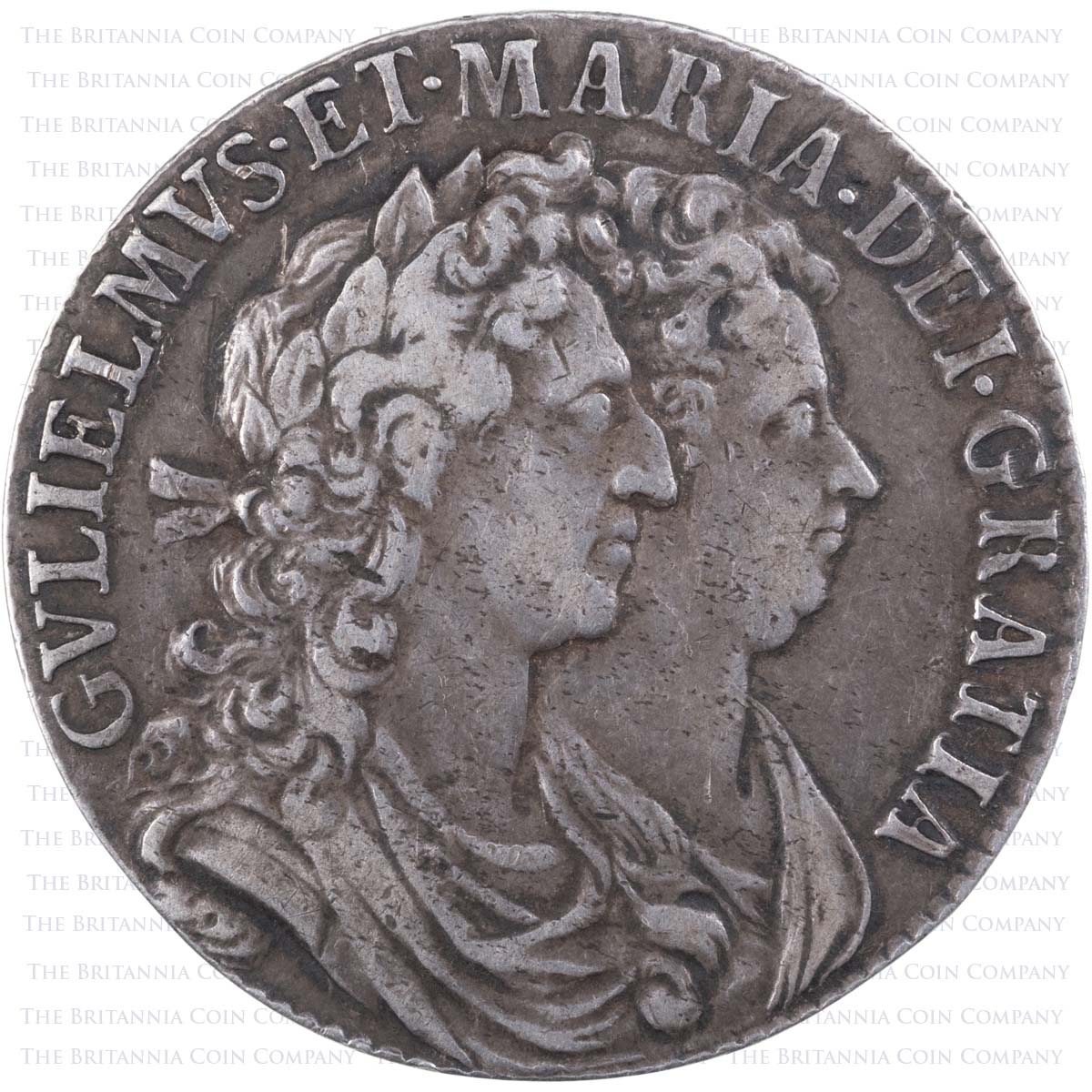 1689 King William III And Queen Mary II Silver Halfcrown Coin Frosted Caul Pearls Obverse