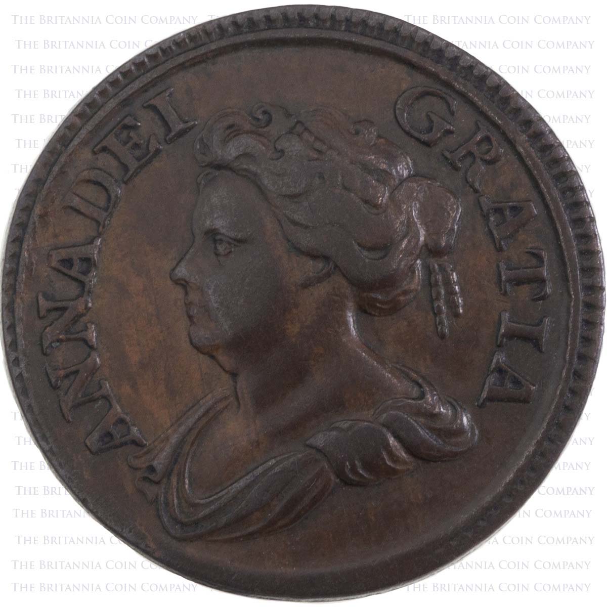 1714 Queen Anne Copper Pattern Farthing Coin Obverse