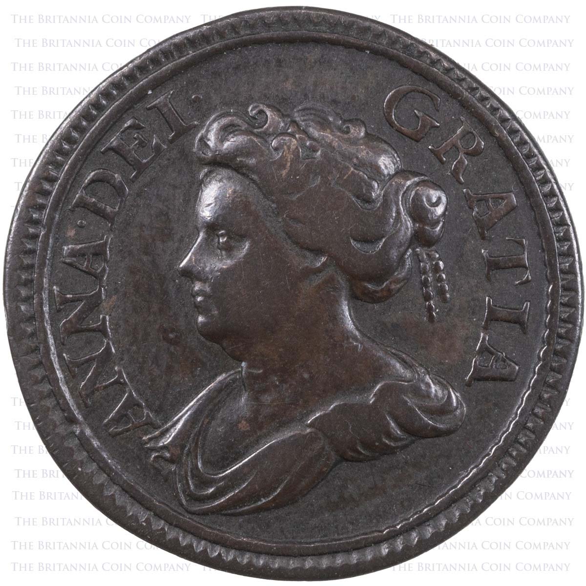 1713 Queen Anne Copper Pattern Farthing Coin Obverse