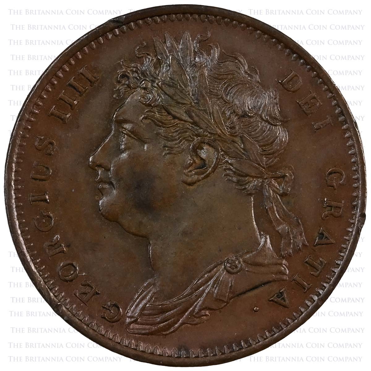1822 George IV Copper Farthing Raised Midribs Obverse