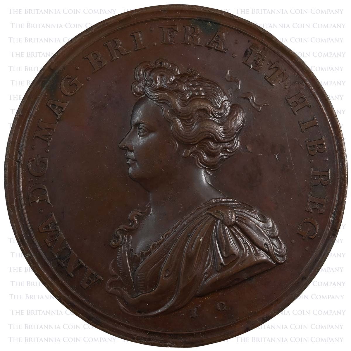 1709 Anne Capture of Mons Croker Bronze Medal Obverse