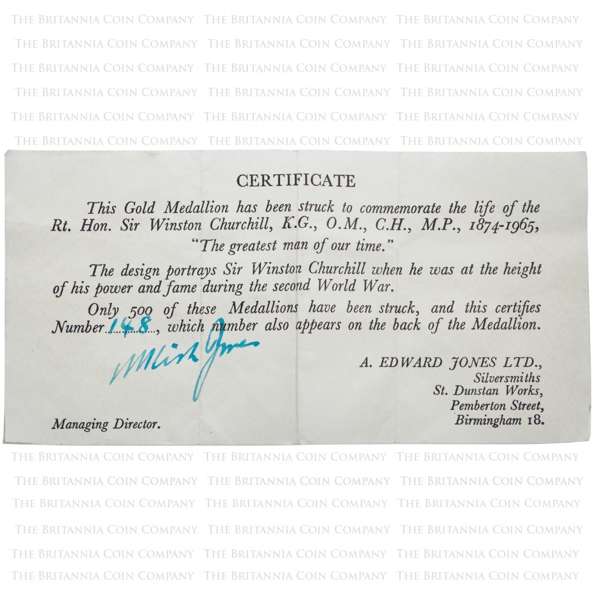 1965 Sir Winston Churchill Commemorative Gold Medal A Edward Jones Certificate