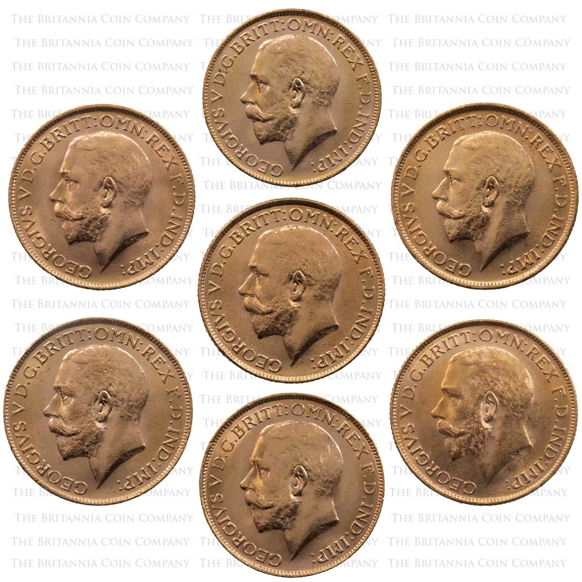 King George V Gold Full Sovereign Seven Coin Mintmark Collection Obverses