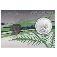NZ05KS1 2005 Rowi Kiwi One Ounce Silver Bullion New Zealand Carded Coin reverse