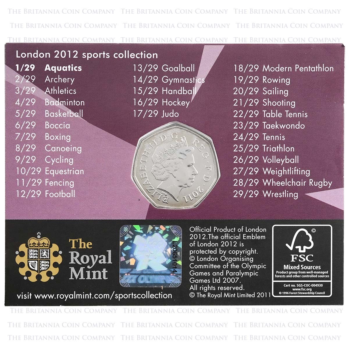 2011 Fifty Pence Aquatics Coin, Brilliant Uncirculated – Part of the London 2012 Sports Collection in carded packaging obverse