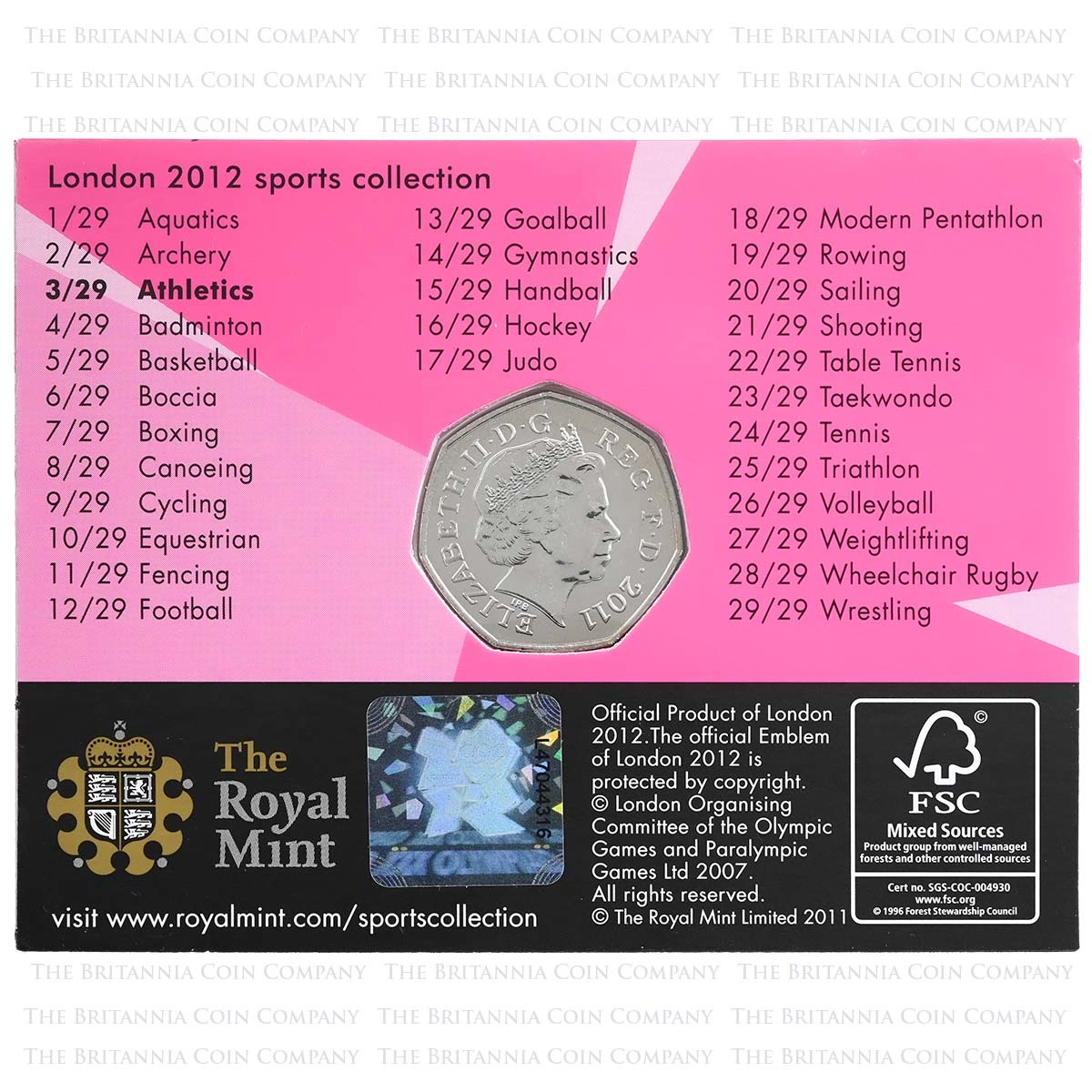 2011 Fifty Pence Athletics Coin, Brilliant Uncirculated – Part of the London 2012 Sports Collection in carded packaging obverse