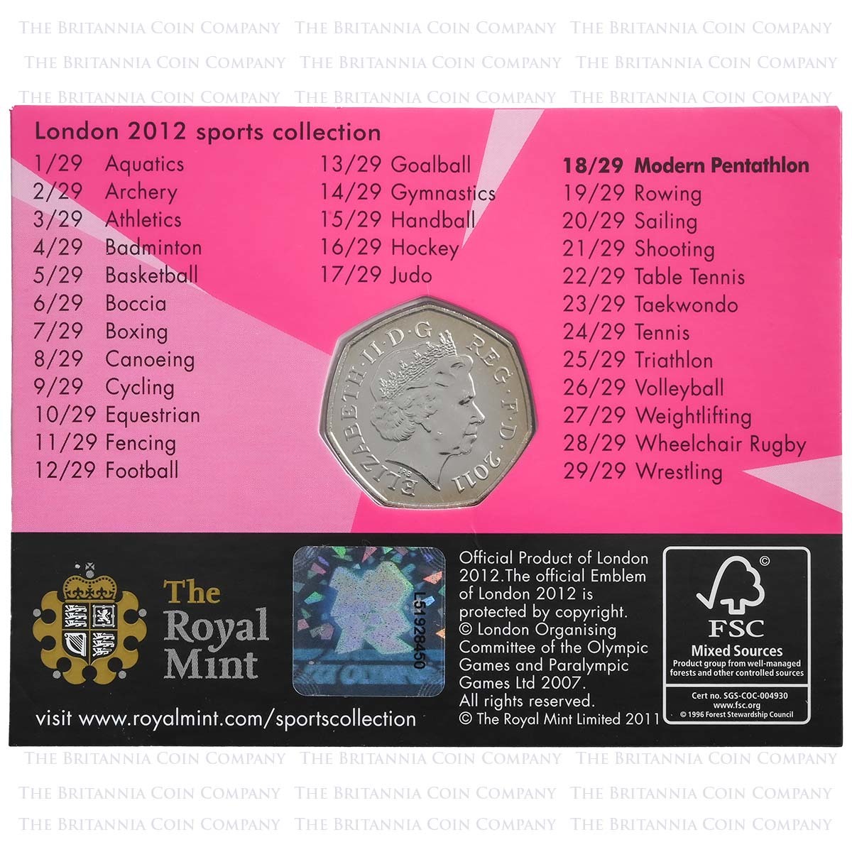2011 Fifty Pence Modern Pentathlon Coin, Brilliant Uncirculated – Part of the London 2012 Sports Collection in carded packaging obverse
