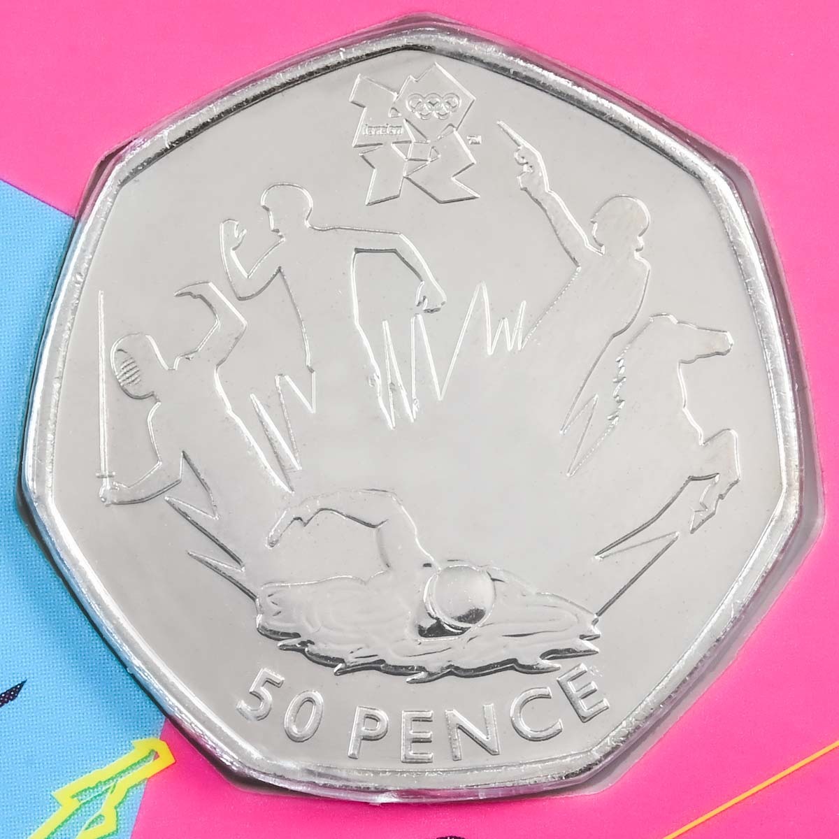 Brilliant Uncirculated 2011 Fifty Pence Modern Pentathlon Coin, featured in the London 2012 Sports Collection Coin reverse featuring an olympic shooter designed in an open public competition by Daniel Brittain