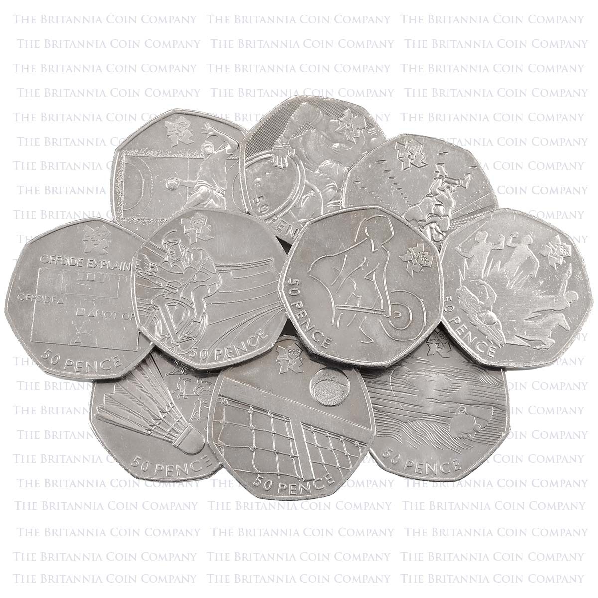 Group of circulated 2011 London Summer Olympics Fifty Pence pieces from The Royal Mint.