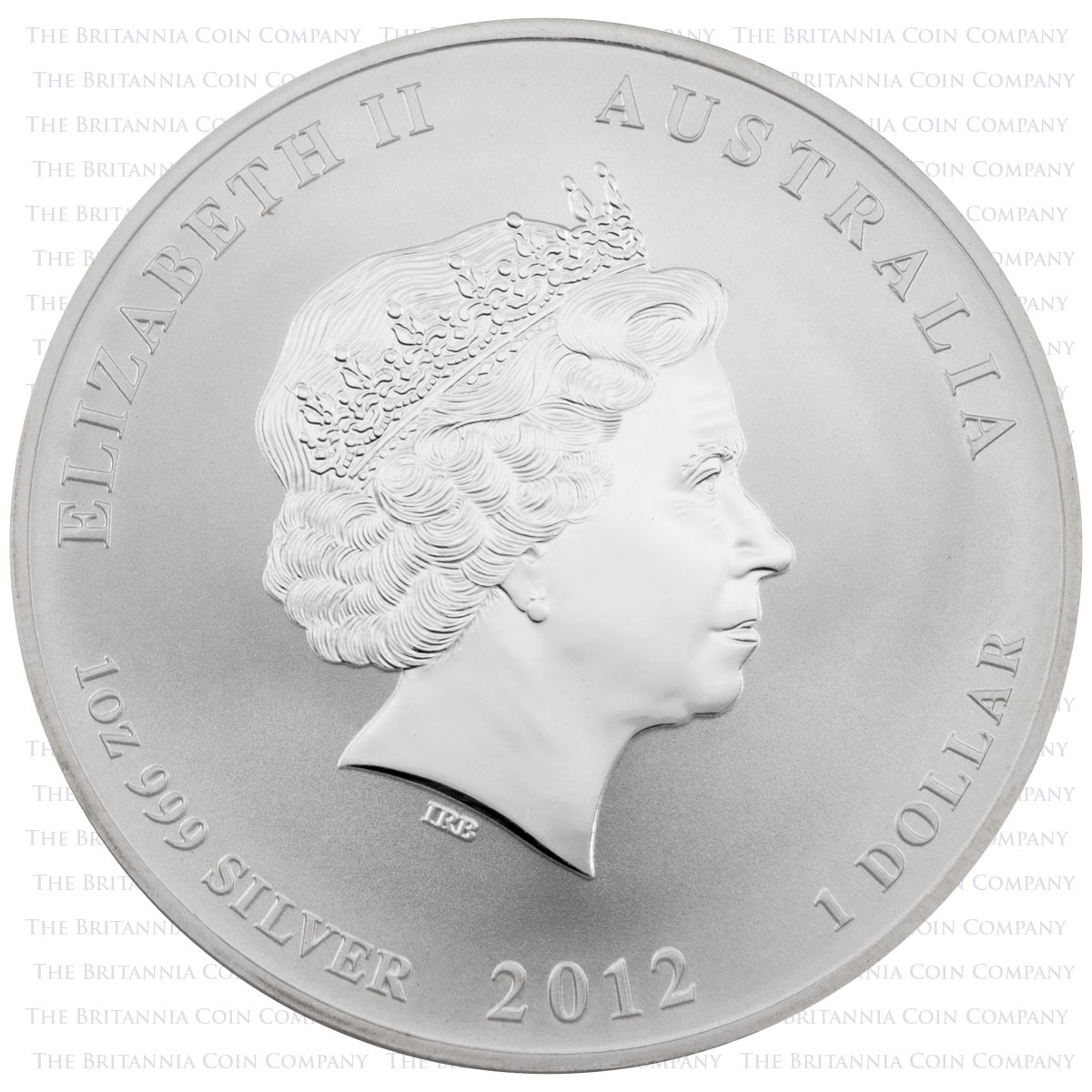 Elizabeth II effigy on obverse of PM12DLS1 2012 Dragon One Ounce Silver Perth Mint Lunar Bullion Coin