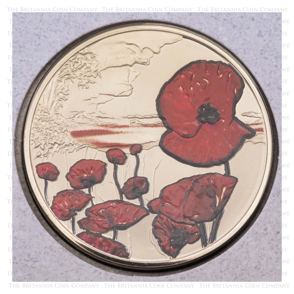Poignant reverse of the 2015 Remembrance Day Five Pound Coloured Brilliant Uncirculated Alderney Coin