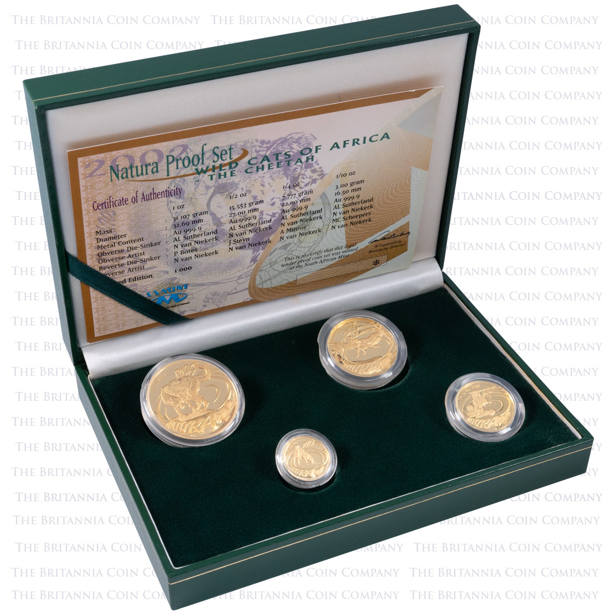 2002 South Africa Natura Cheetah Four Coin Gold Proof Set Boxed