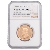 1980 Krugerrand Half Ounce Gold Proof South African Coin NGC Graded PF 68 Ultra Cameo Thumbnail