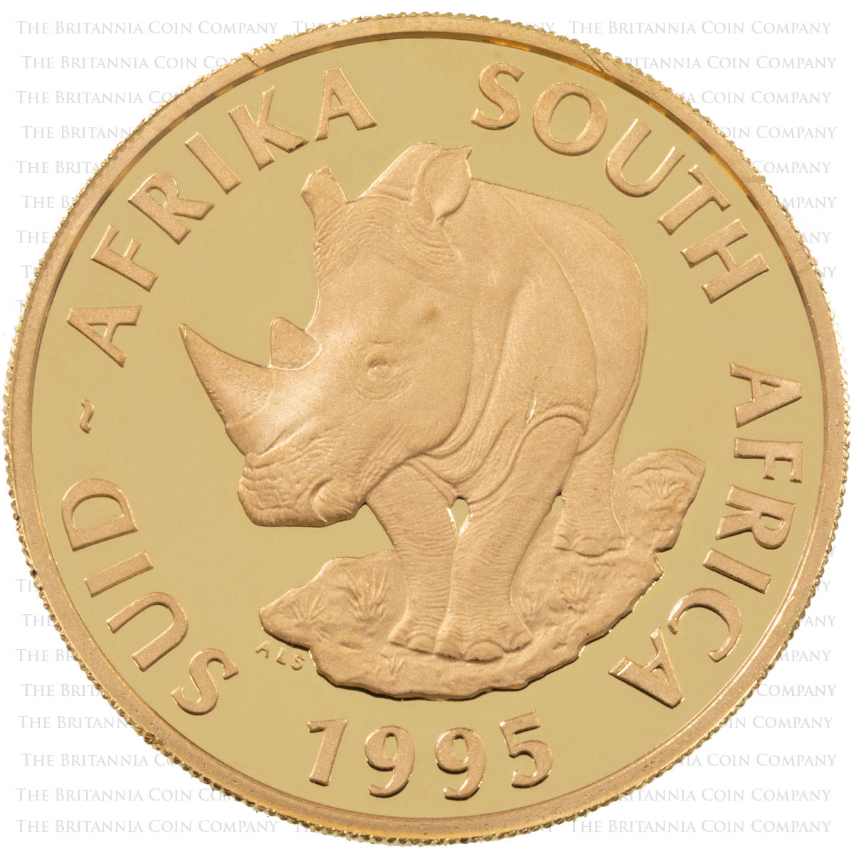 1994-1998 South Africa Natura One Ounce Gold Proof Big Five Coin Set 1995 Rhino Obverse