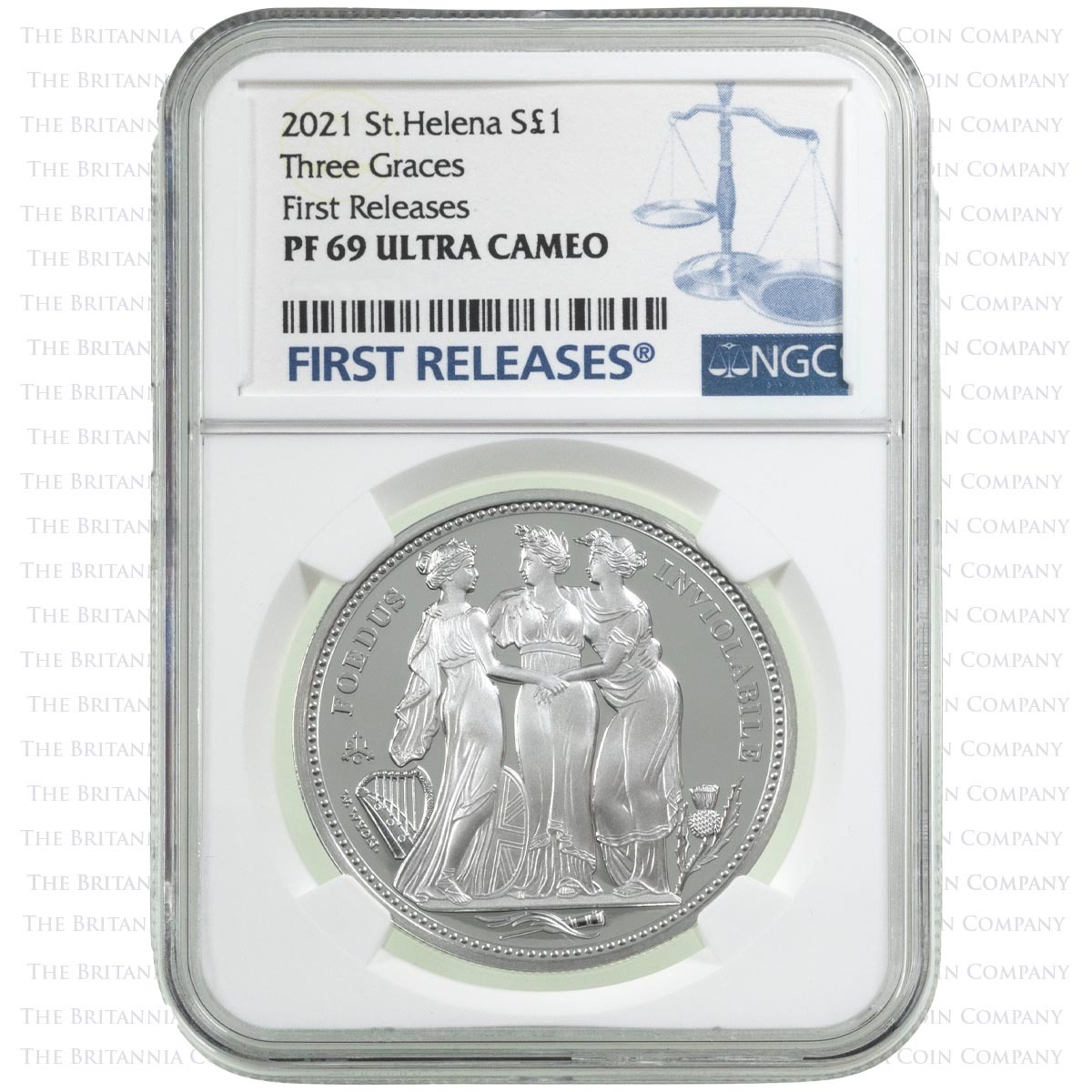 2021 Saint Helena Three Graces One Ounce Silver Proof Coin NGC Graded PF 69 Ultra Cameo First Releases Holder