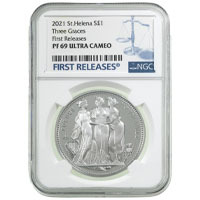 2021 Saint Helena Three Graces One Ounce Silver Proof Coin NGC Graded PF 69 Ultra Cameo First Releases Thumbnail