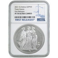 2021 Saint Helena Three Graces Two Ounce Silver Proof Coin NGC Graded PF 70 Ultra Cameo First Releases Thumbnail