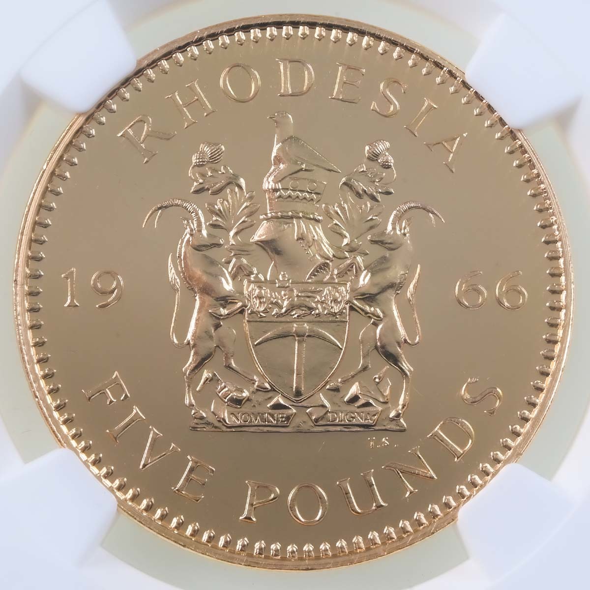 1966 Rhodesia Gold £5 PF 66 Reverse