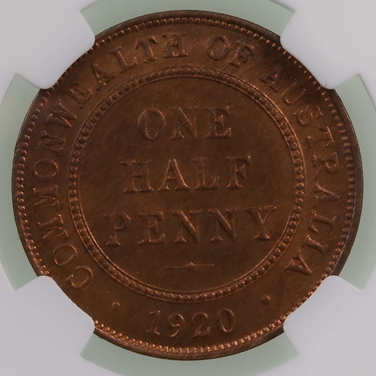 1920 Australia George V Halfpenny Bronze Coin Graded MS 65 RB Reverse