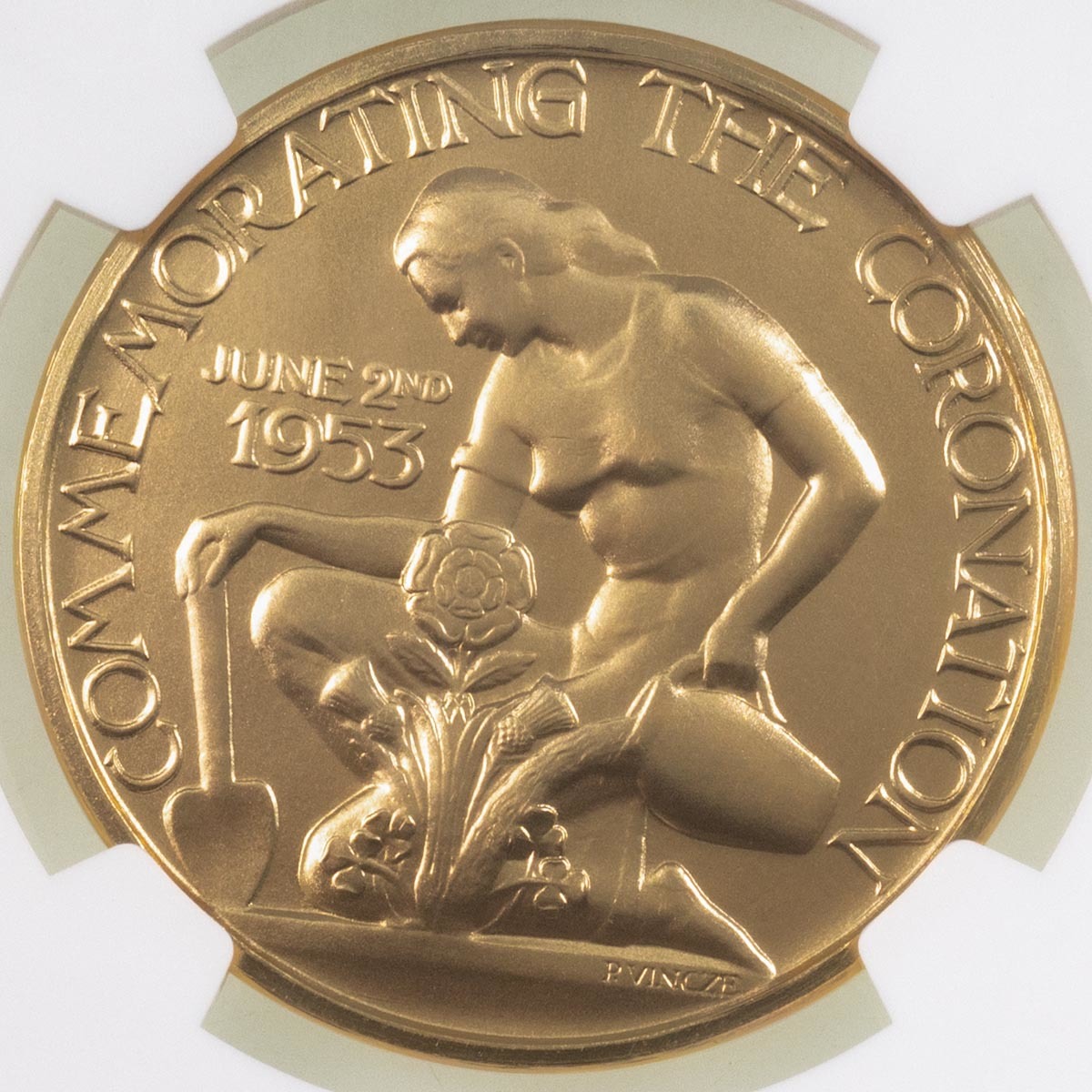 1953 Queen Elizabeth II Gold Coronation Medal Paul Vincze NGC Graded MS 63 Reverse